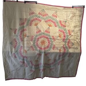Vintage Handmade Lone Star Quilt 75 Year Old Patchwork Heirloom Boho Cream Pink